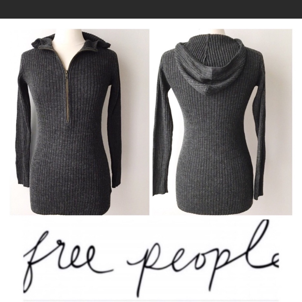 Free People Grey Ribbed Wool Hoodie Sweater